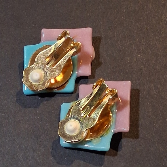 * Vintage 80s Look Pink & Turquoise Glass Clip On Earrings - Picture 3 of 4